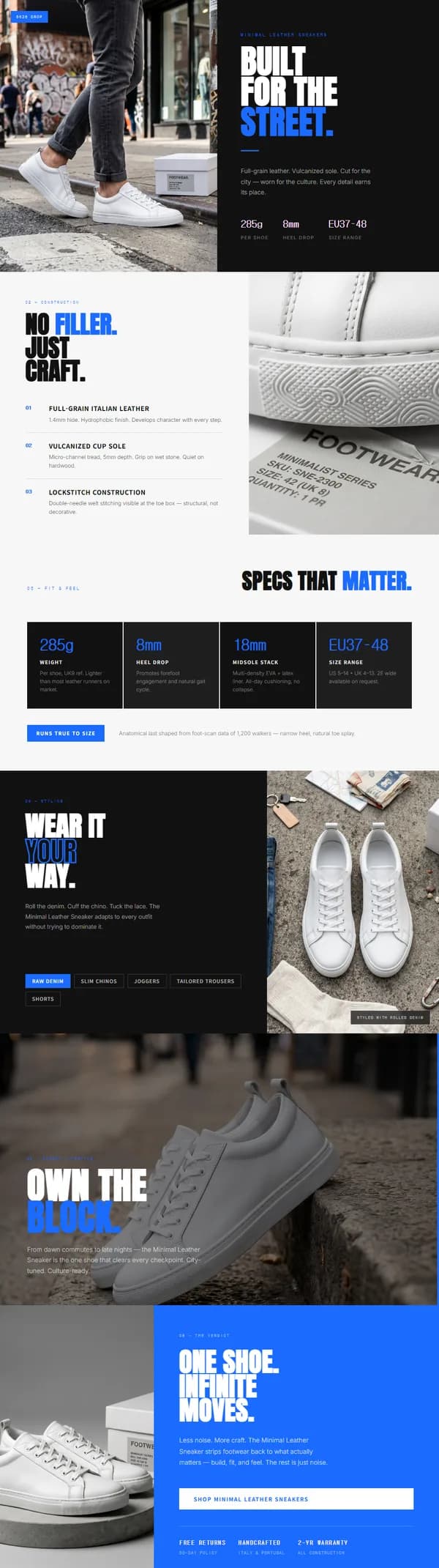 Finished A+ Content page — minimal leather sneakers with lifestyle scenes and multilingual listing