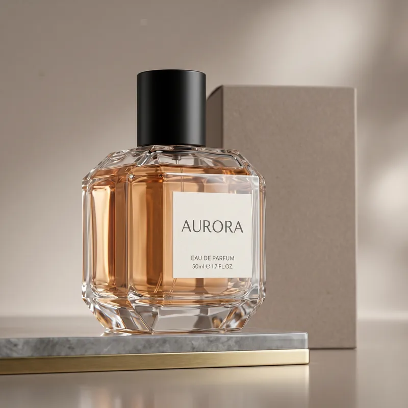 Before — a single flat product photo of a fragrance bottle
